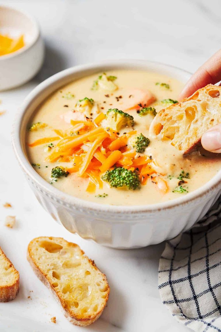 Broccoli cheese soup in a bowl.