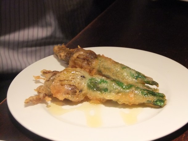 cheese-stuffed courgette flower deep fried and drizzled with honey at The Salt Yard