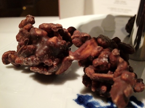 crispy chocolate rice and almond petit fours at moments mandarin oriental hotel barcelona