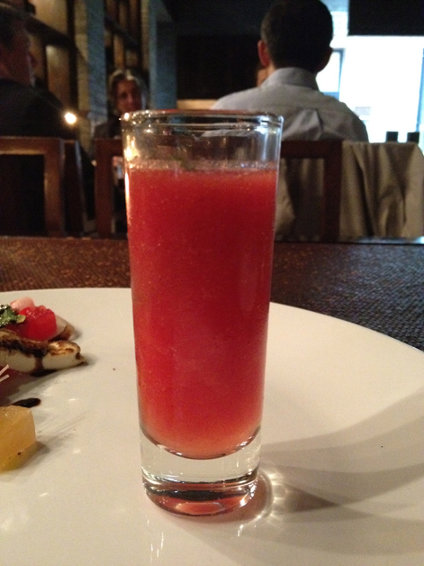 watermelon gazpacho shot accompanying the watermelon salad at t8