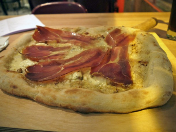 speck, mascarpone, mozzarella and walnut pizza at Meter speck, mascarpone, mozzarella and walnut pizza at meter old street