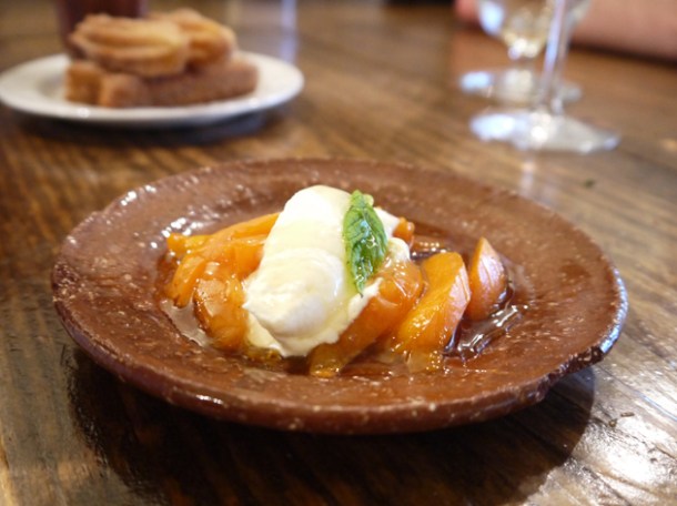Apricots, creme fraiche, pine nuts and honey at Copita apricots, creme fraiche, pine nuts and honey at copita