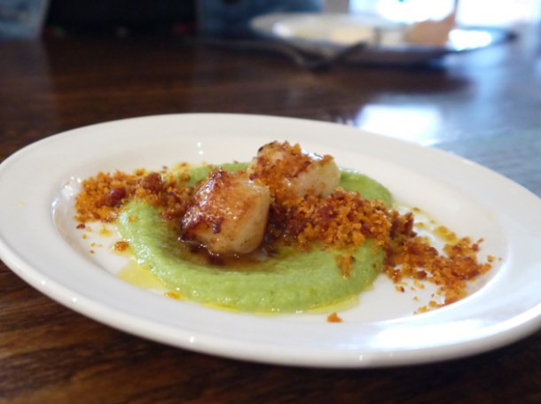Scallops, pea puree and chorizo breadcrumbs at Copita scallops, pea puree and chorizo breadcrumbs at copita