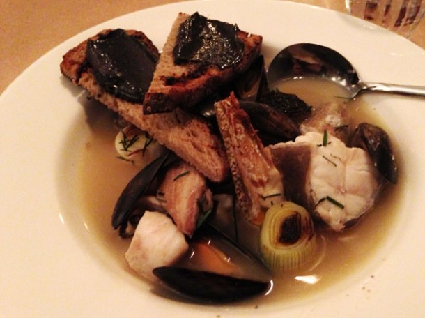 fish broth with squid ink mayonnaise on toast at season