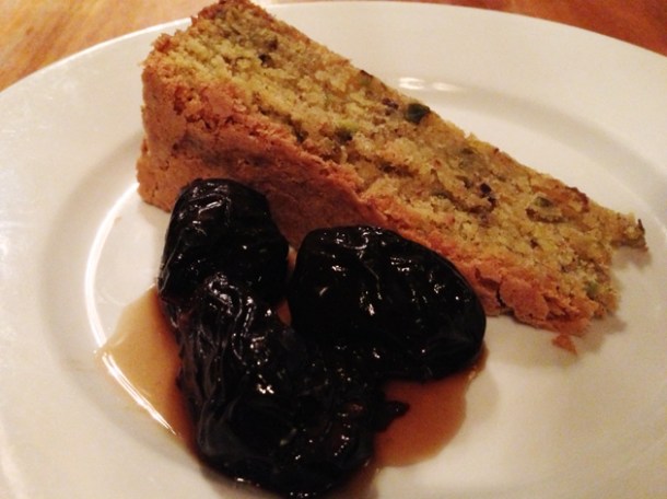 pistachio cake and prunes at great queen street