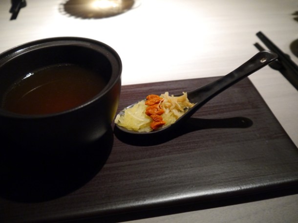 confit chicken and dried scallop soup at hkk