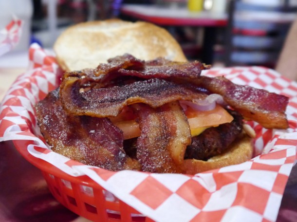 single bypass burger with bacon at the heart attack grill