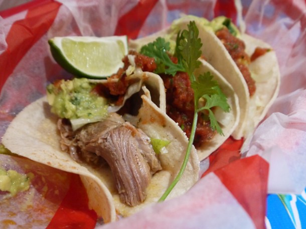 pork tacos at el camion