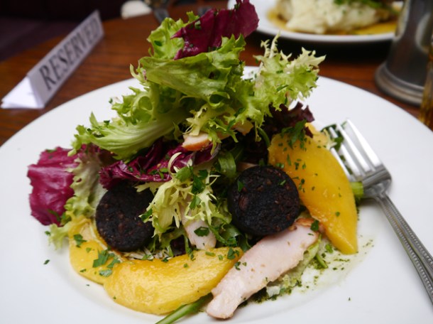 smoked chicken, mango and black pudding salad at the lukin
