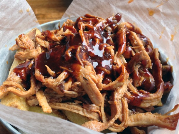 pulled pork fryer trash at bbq whiskey beer