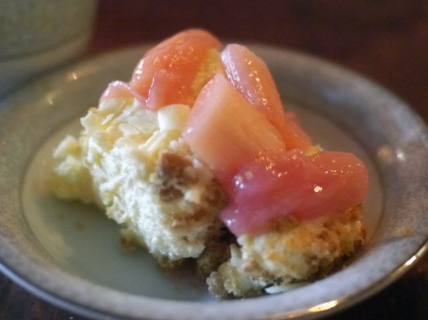 white chocolate cheesecake with rhubarb coulis at blacklock