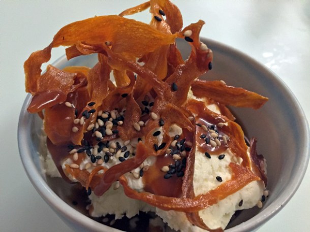 ginger ice cream, miso caramel, sweet potato crisps and black sesame seeds at jidori