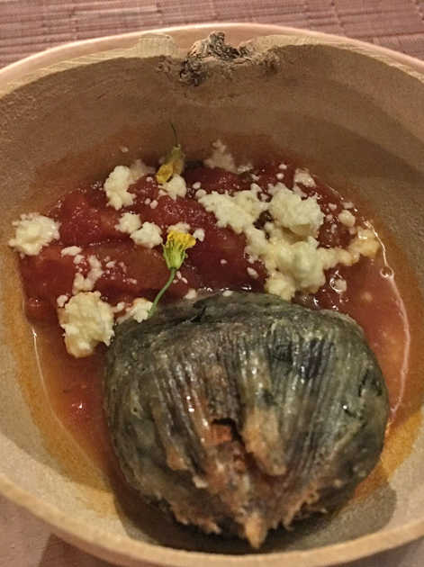 blue corn tamales in tomato sauce at tierra y cielo