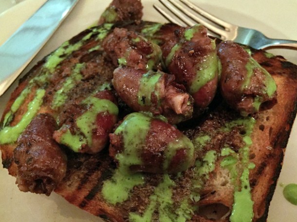 devilled chicken hearts on toast at hill and szrok pub