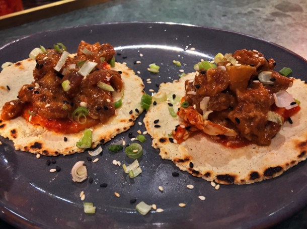 soy cured beef tacos at temper