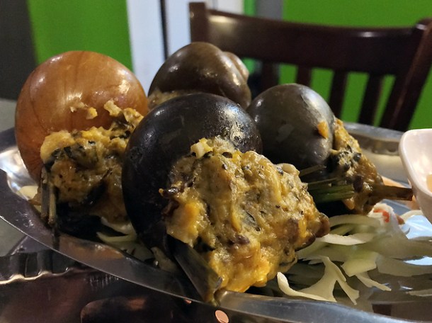 stuffed freshwater snails at mrs le's