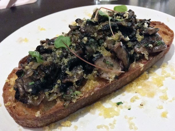 mushrooms and lardo on toast at burger and beyond