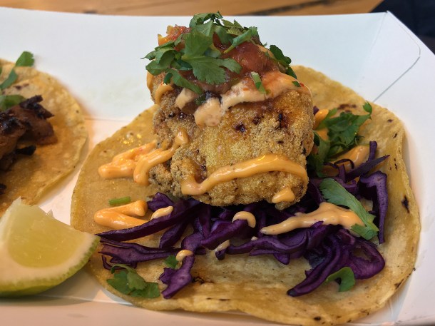 illustrative photo of the fried chicken tacos from Breddos at Flat Iron Square