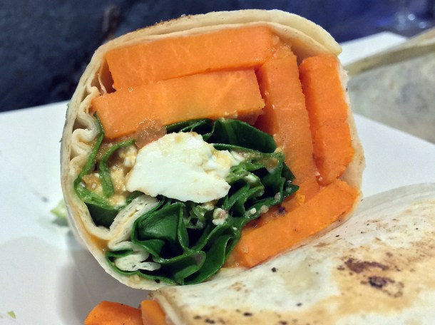 illustrative photo of the sweet potato and feta burrito from Breddos at Flat Iron Square