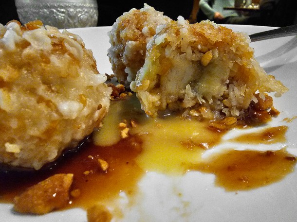 illustrative photo of the banana fritters with turmeric custard at Begging Bowl